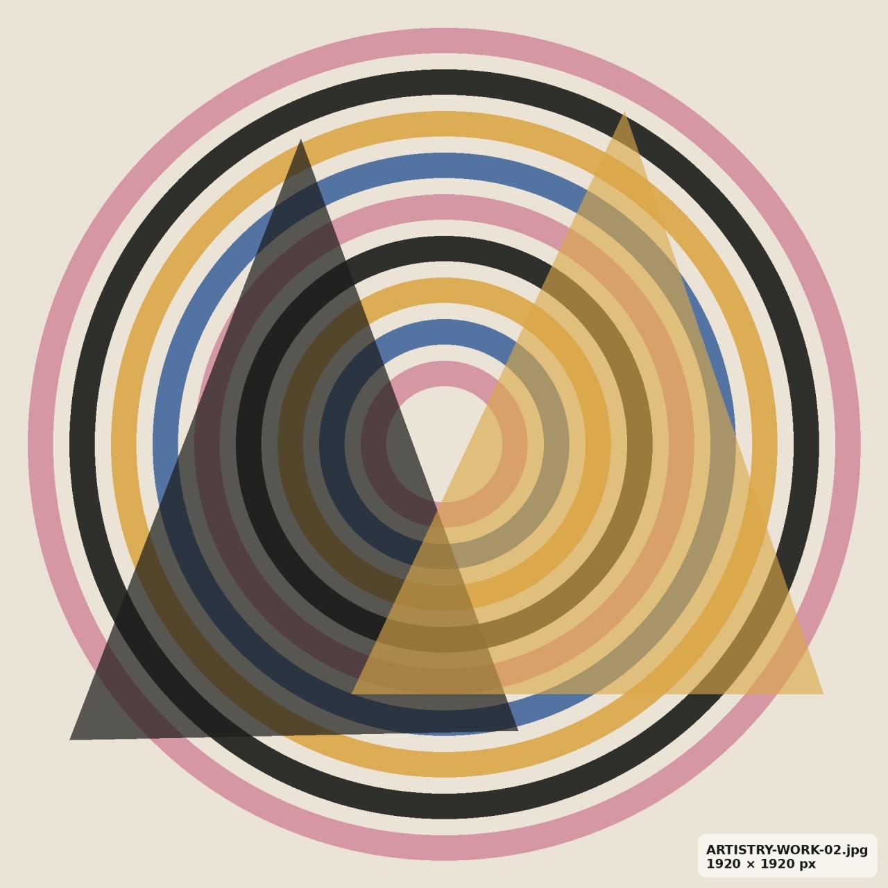 Layered circular abstract artwork with pink, blue and gold