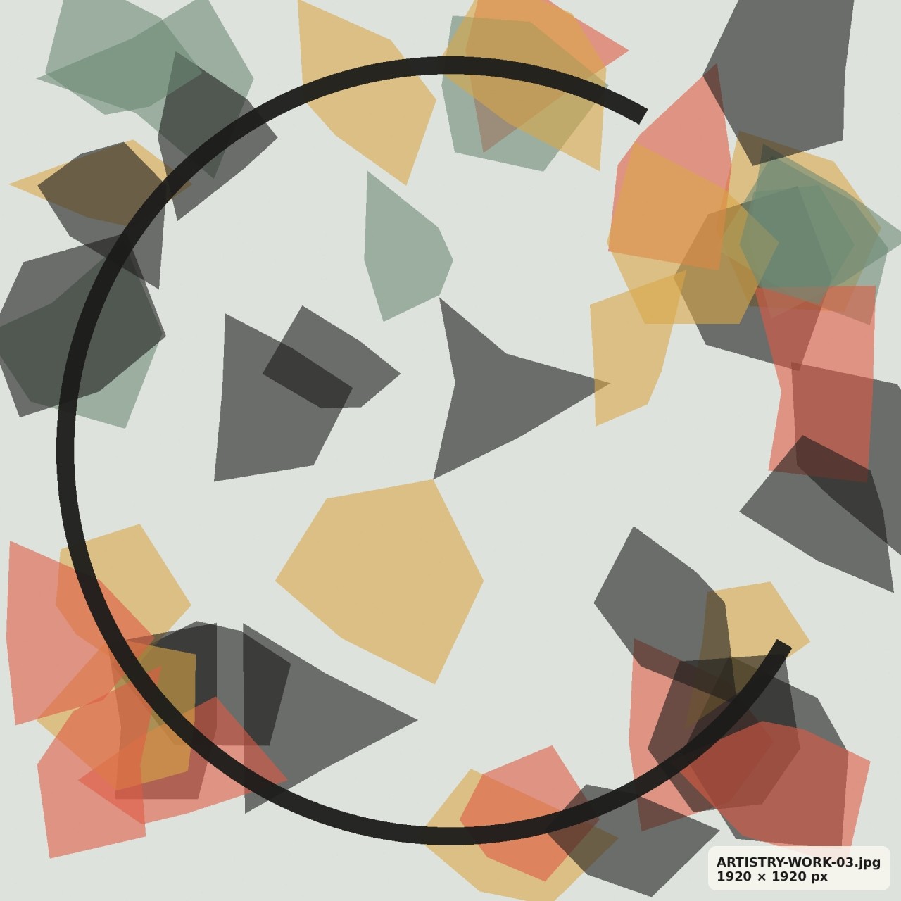 Organic abstract composition in sage, coral and gold