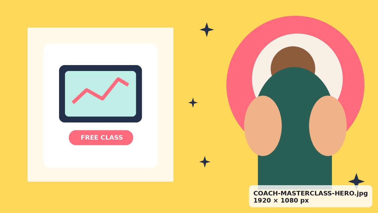 Playful illustration of a coach presenting a free marketing masterclass