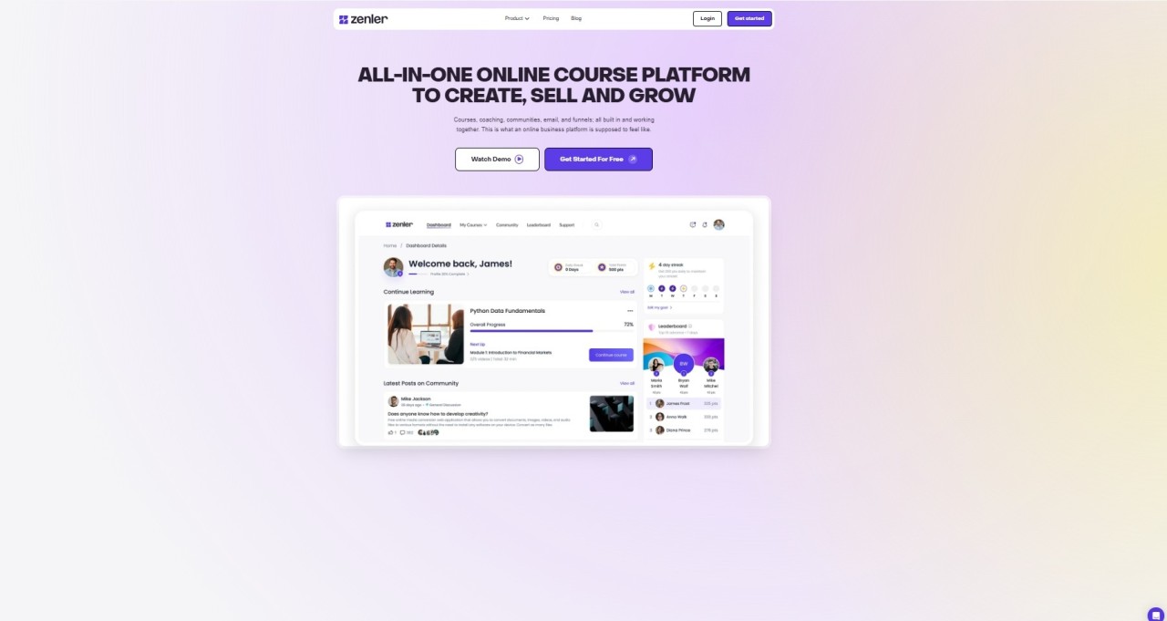 Zenler dashboard showing creator tools and learning activity