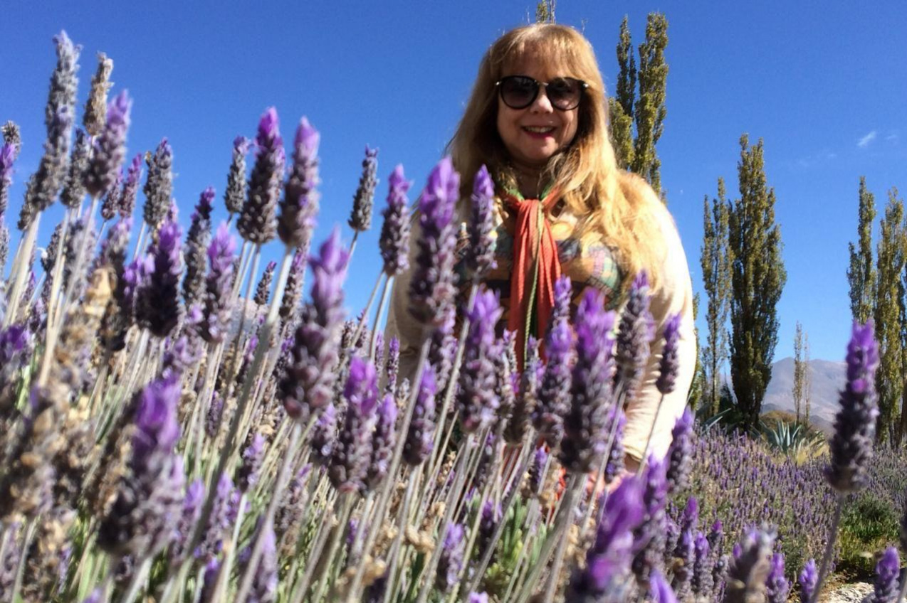 Mujer sonriente en un vibrante campo de lavanda en flor, simbolizando el origen natural de la Aromaterapia y las esencias para el bienestar
