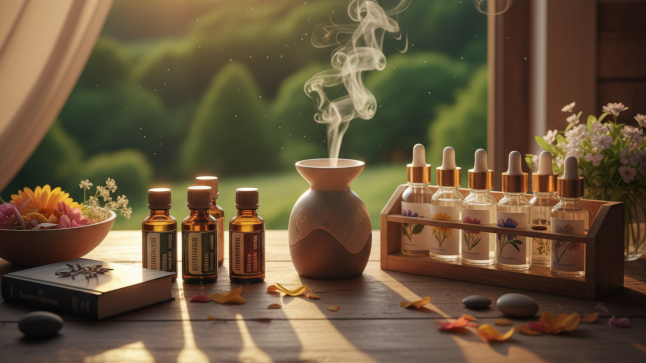 Ambiente de calma con difusor de aroma, frascos de Flores de Bach y aceites esenciales, libro y flores, evocando un espacio de terapia holística y bienestar natural