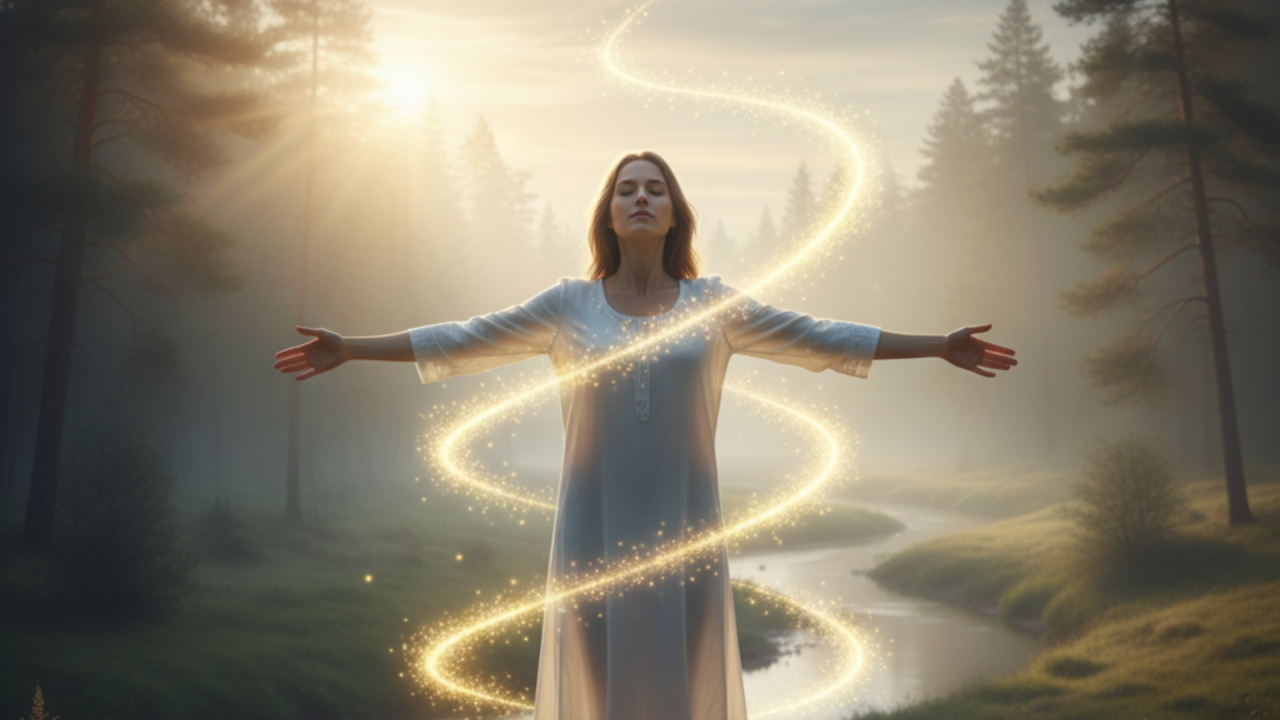 Mujer con brazos abiertos en un bosque brumoso, rodeada de espirales de luz dorada, simbolizando energía vital y sanación emocional con Flores de Bach y Aromaterapia