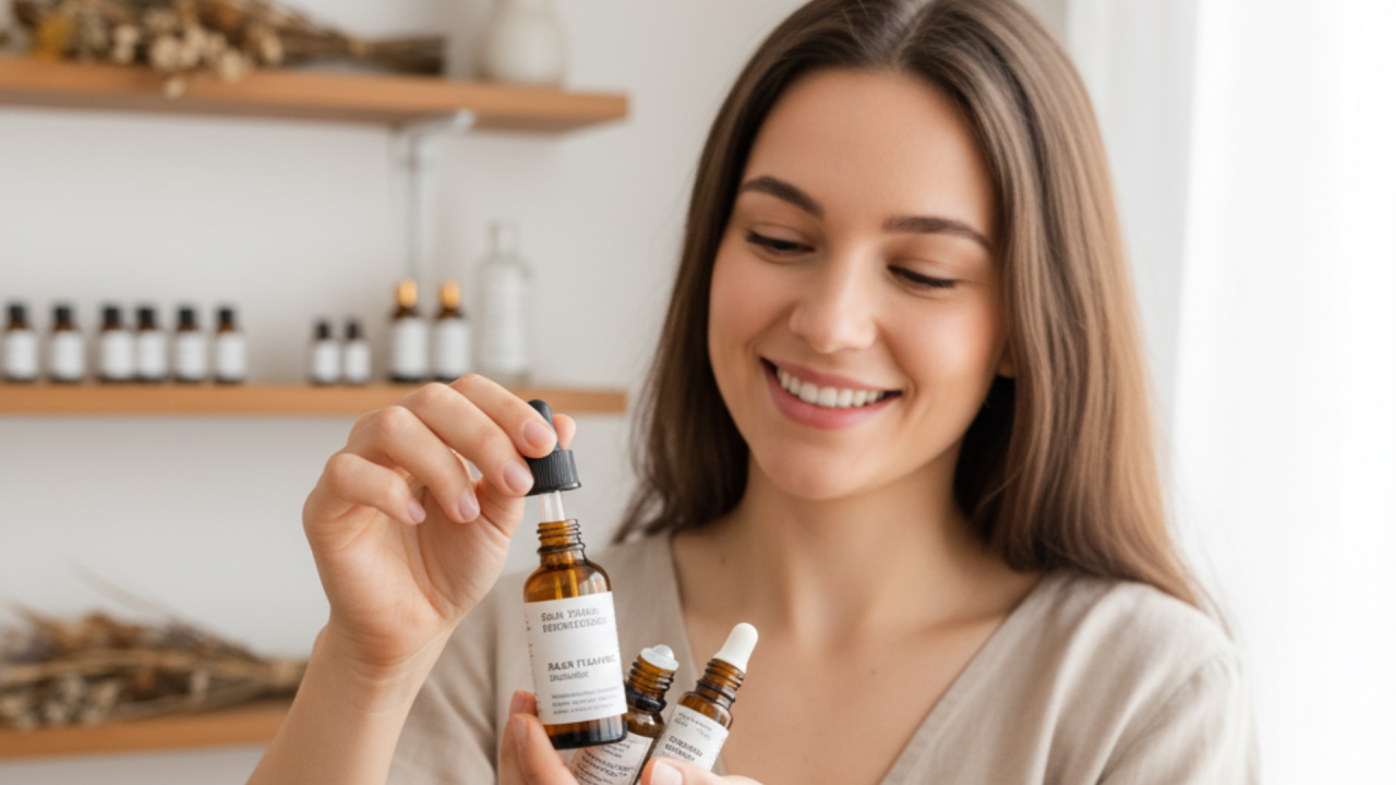 Mujer feliz mostrando frascos de esencias de Flores de Bach y aceites esenciales, representando el aprendizaje práctico del curso de terapia holística