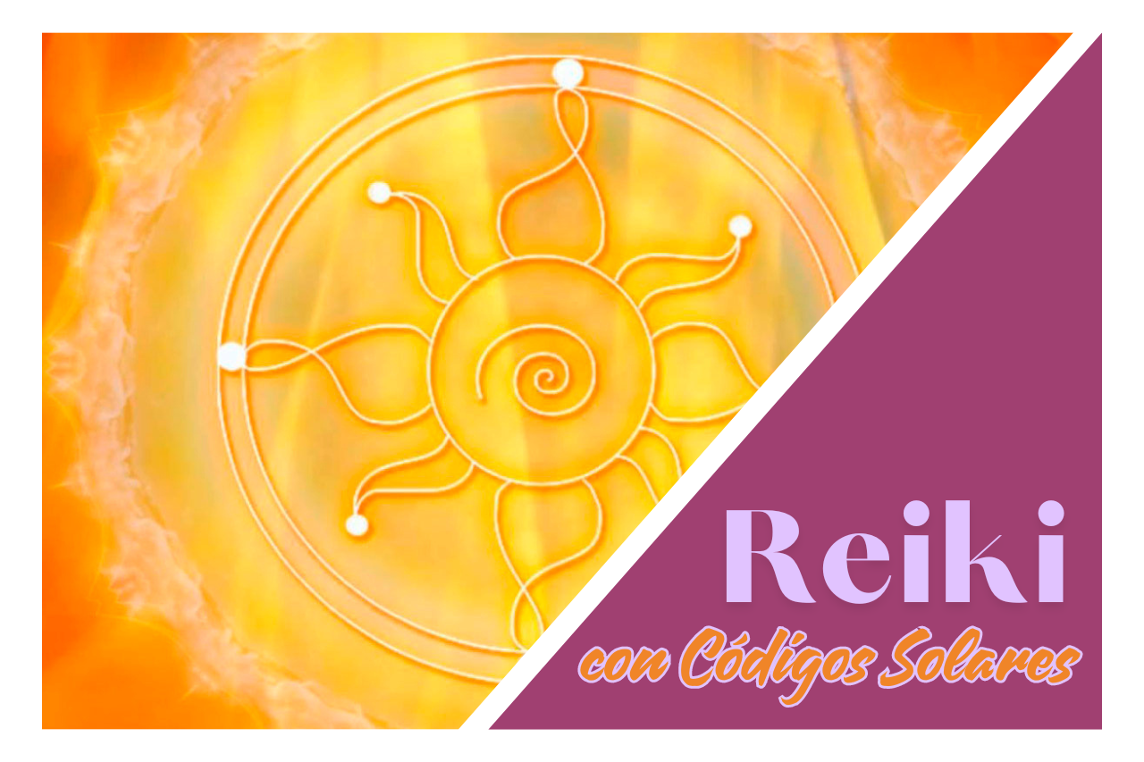 Anuncio de Reiki con Códigos Solares, con un sol brillante y símbolos energéticos, promocionando terapias de sanación con Mago Holístico