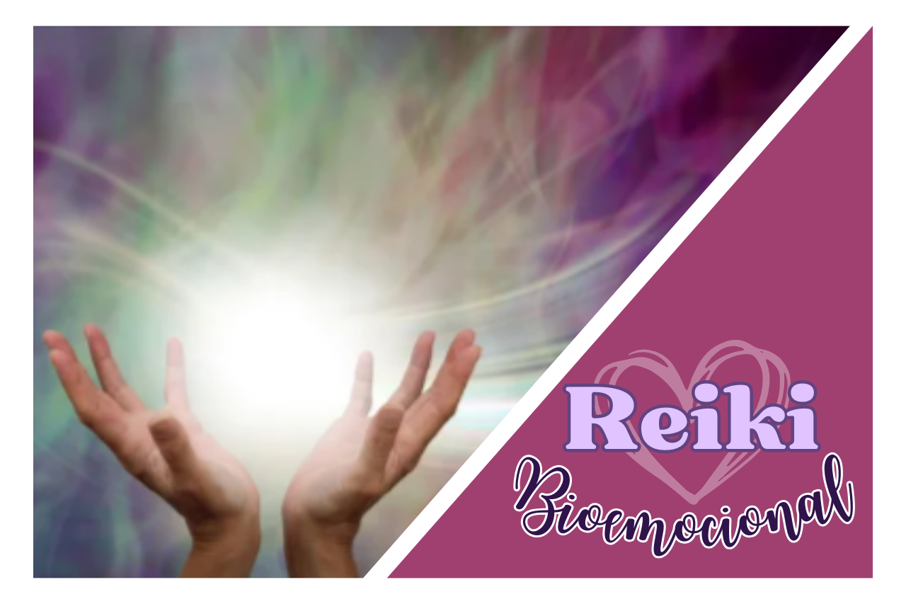 Anuncio de Reiki Bioemocional: manos canalizando energía y luz con un aura vibrante, promoviendo la sanación emocional y energética con Mago Holísticao