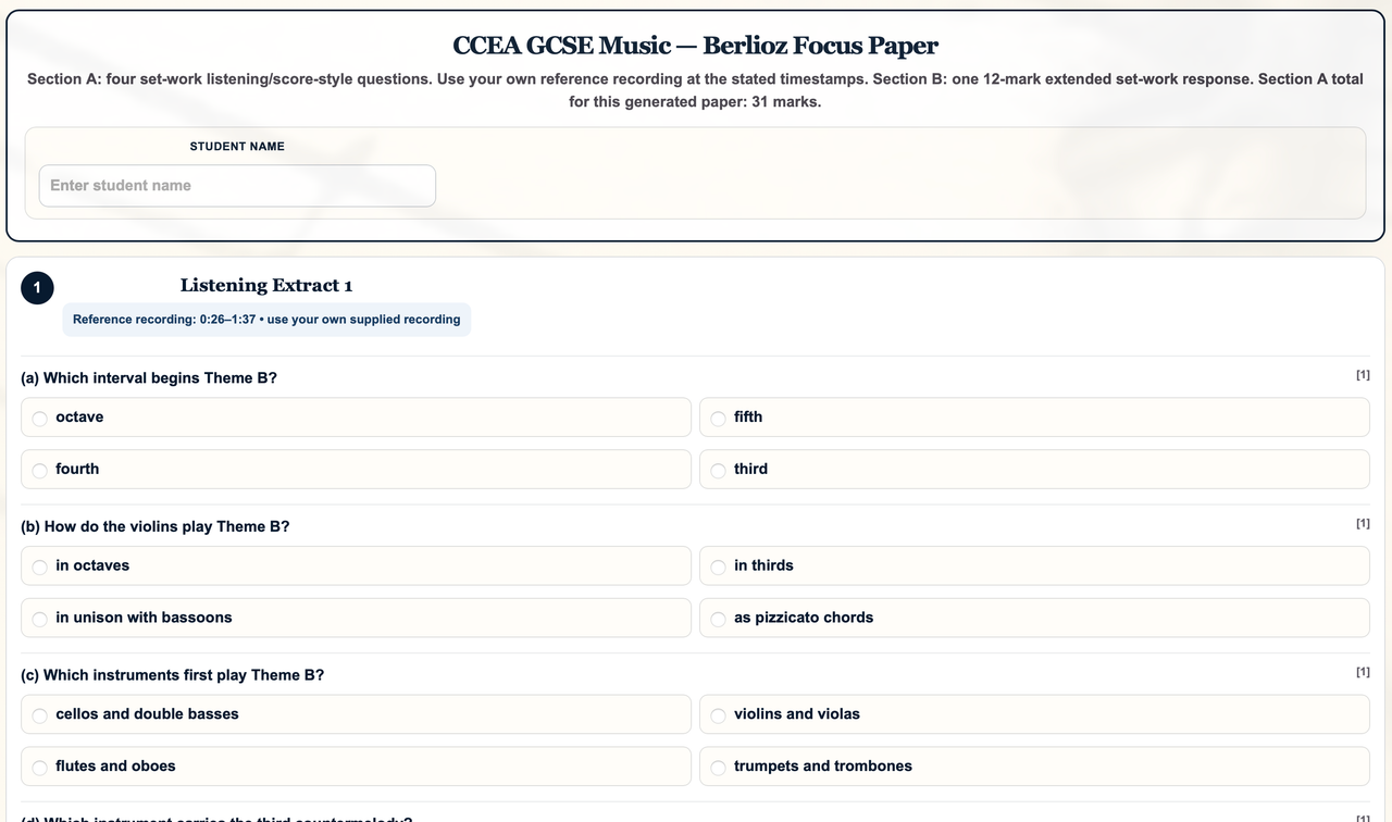CCEA GCSE Music practice paper screen showing exam-style set-work questions for Ash.