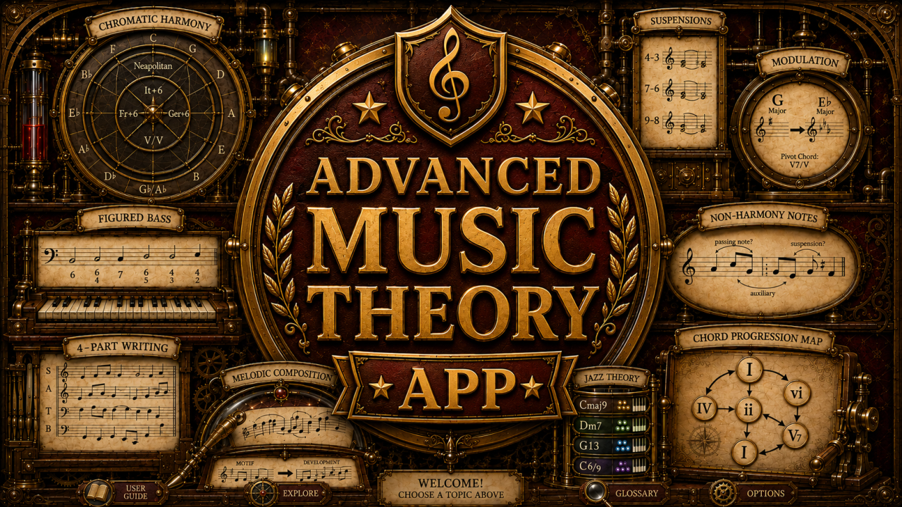 Steampunk-style Advanced Music Theory App featuring figured bass, chromatic harmony, suspensions, modulation, jazz theory, melodic composition and chord progression maps.