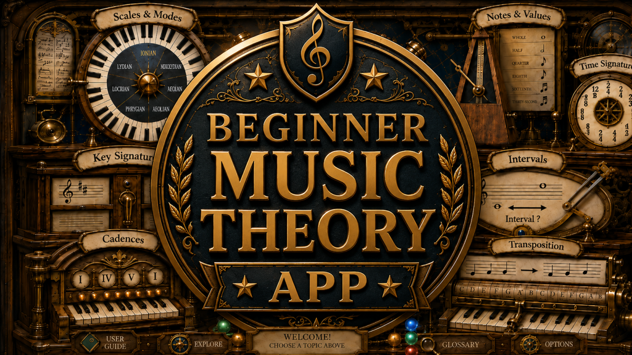 Steampunk-style Beginner Music Theory App home screen with interactive topics for scales, rhythm, keys, intervals, chords, cadences and transposition.
