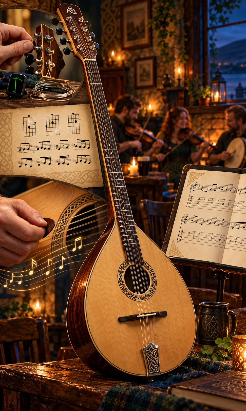 Irish Bouzouki Course Topics | Top Score Music Academy Long portrait image for the Top Score Music Academy Irish Bouzouki course, showing an Irish bouzouki in a warm traditional music setting and representing key course topics such as chords, chord progressions, rhythm, tunes, reading music and technique.