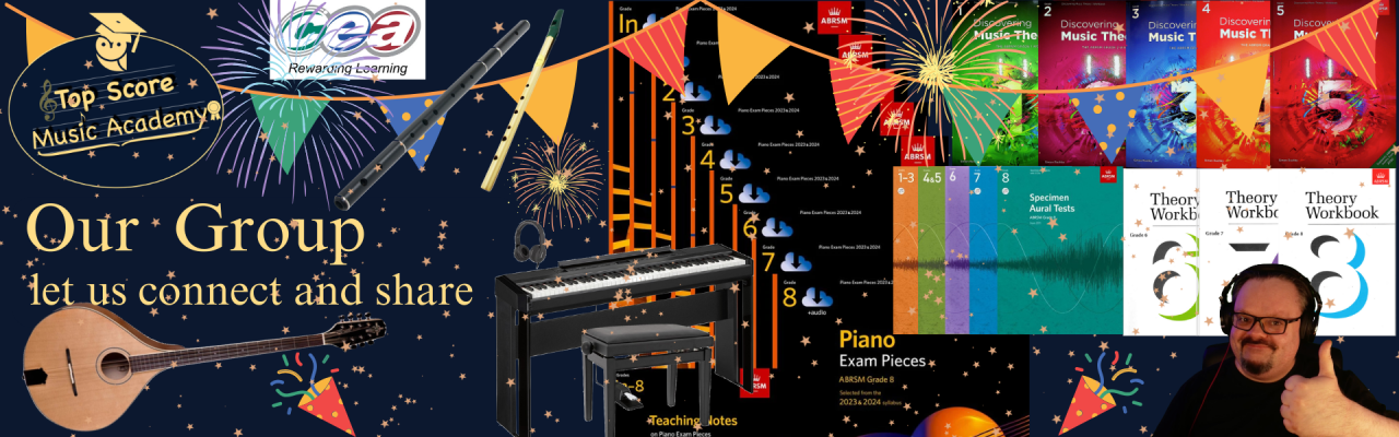 Top Score Music Academy community banner featuring musical instruments, ABRSM books, and text inviting students to connect and share in a vibrant online music learning environment