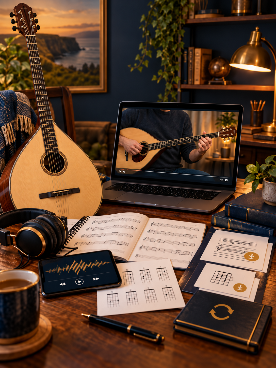 What’s Included in the Irish Bouzouki Course | Top Score Music Academy Irish bouzouki course materials showing a long-necked Irish bouzouki, music notation, study resources and online learning elements in a warmly lit teaching scene
