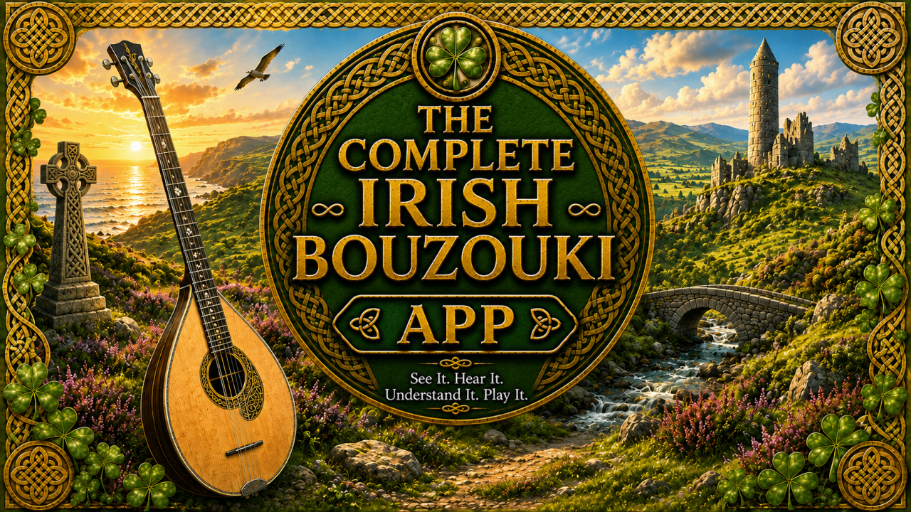 Steampunk-style Beginner Music Theory App home screen with interactive topics for scales, rhythm, keys, intervals, chords, cadences and transposition.