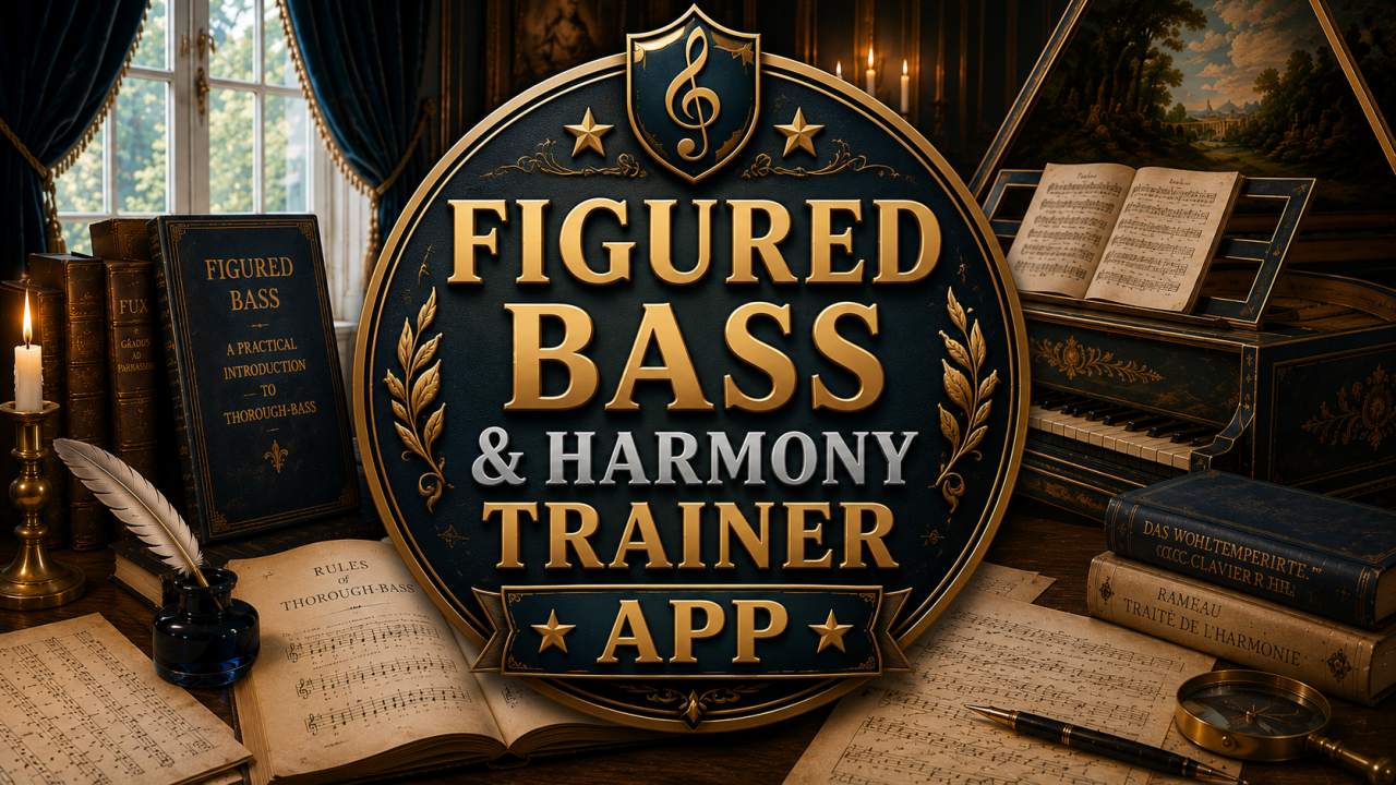 Figured Bass and Harmony Trainer app for practising thorough-bass realisation, chord inversions, Roman numerals, harmony and four-part voice leading