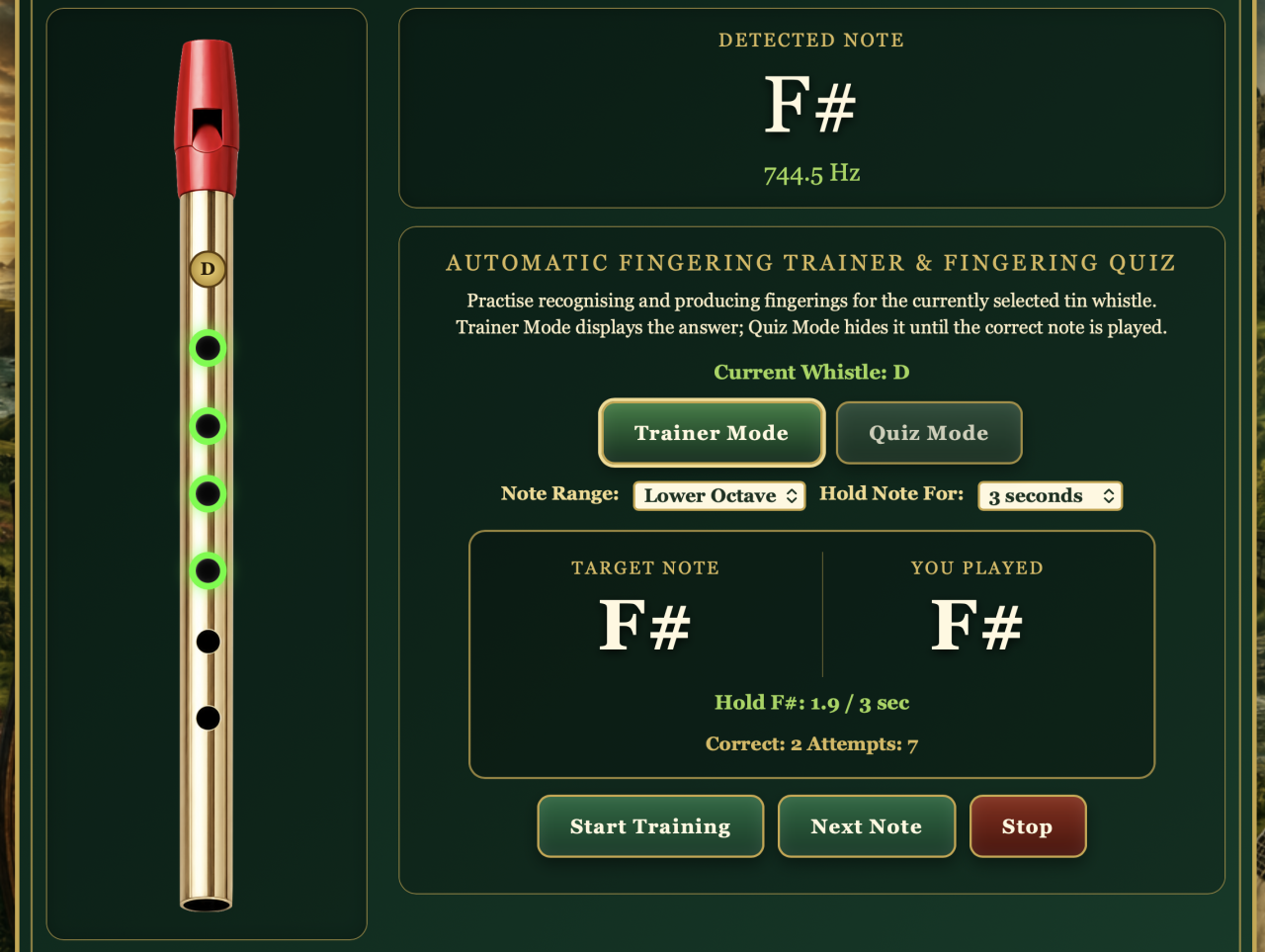Tin Whistle Fingering Detector showing microphone input, detected correct note F#, D whistle fingering, whistle key selection and fingering trainer controls.