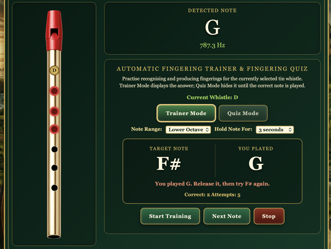 Tin Whistle Fingering Detector showing microphone input, detected note G, D whistle fingering, whistle key selection and fingering trainer controls.