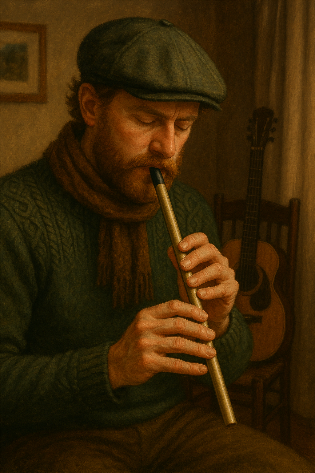 Man playing Irish tin whistle indoors wearing a green sweater and cap, traditional Irish music scene with warm lighting and acoustic guitar in the background.