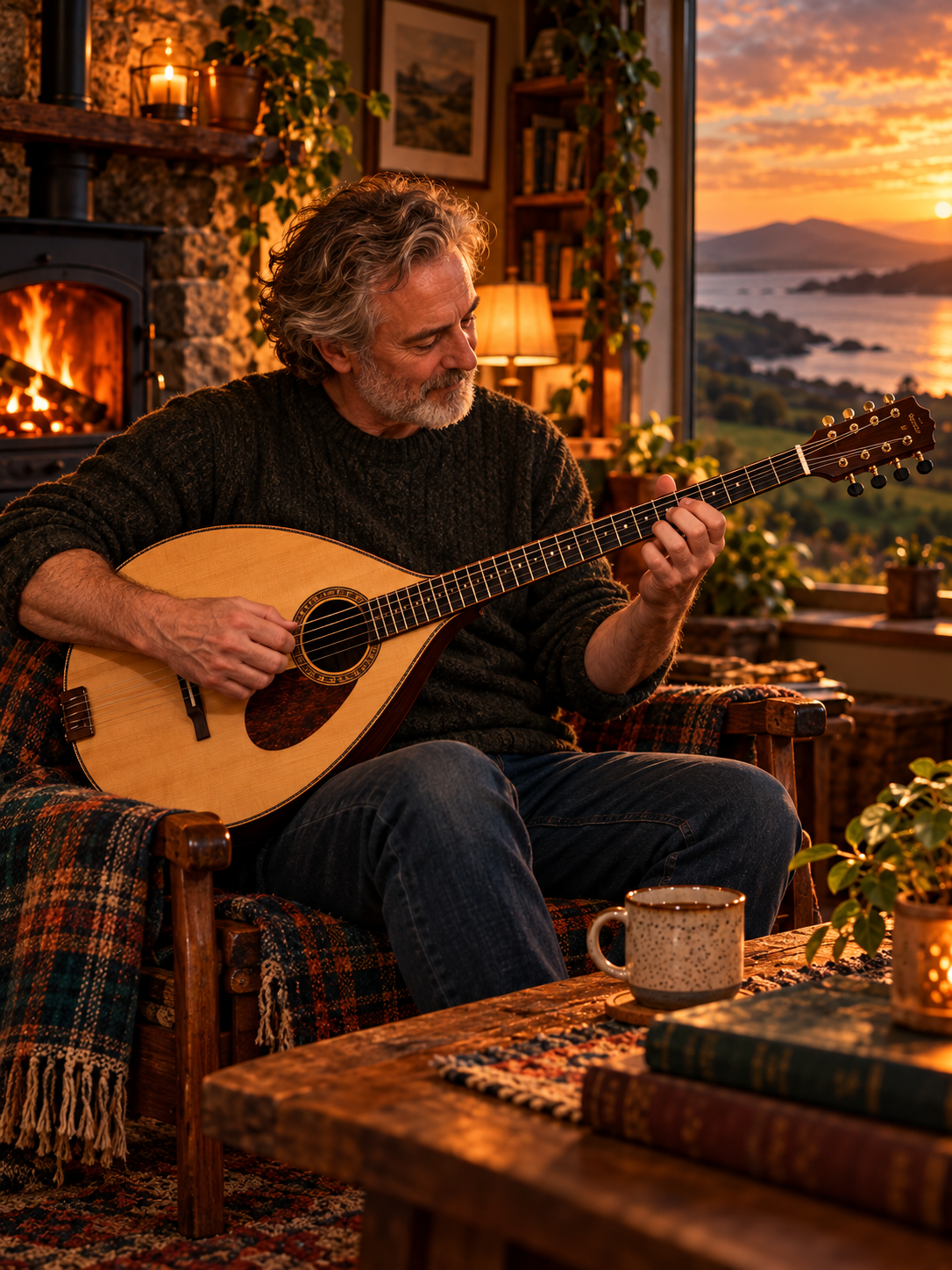 Older student playing Irish bouzouki in a cosy room Older man playing an Irish bouzouki in a warm cosy room with firelight and a sunset view, representing relaxed and enjoyable Irish bouzouki learning.
