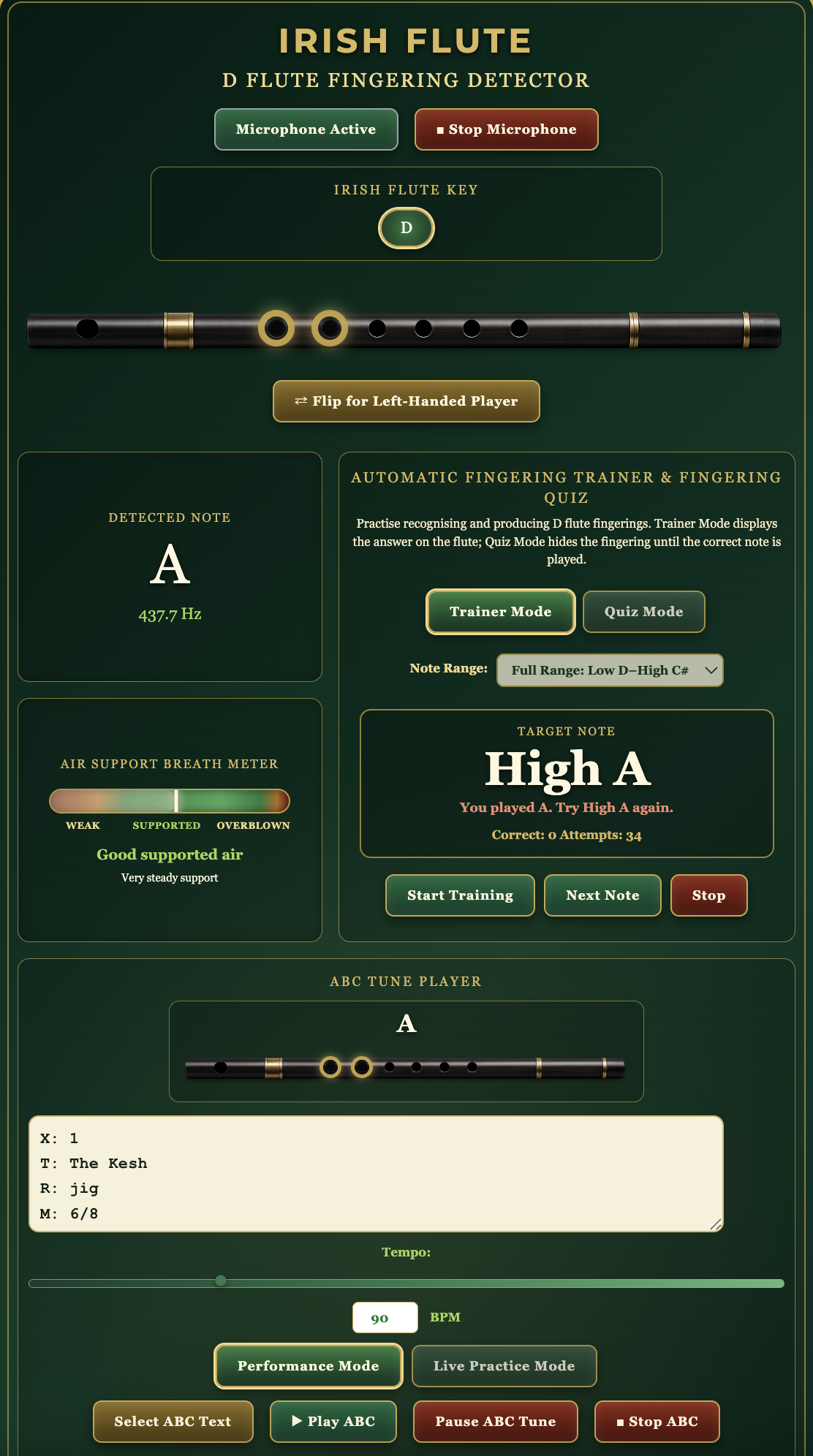 Screenshot of the Interactive Irish Flute Trainer App showing real-time note detection, fingering trainer, ABC tune player, breath support meter, and Irish flute practice tools.