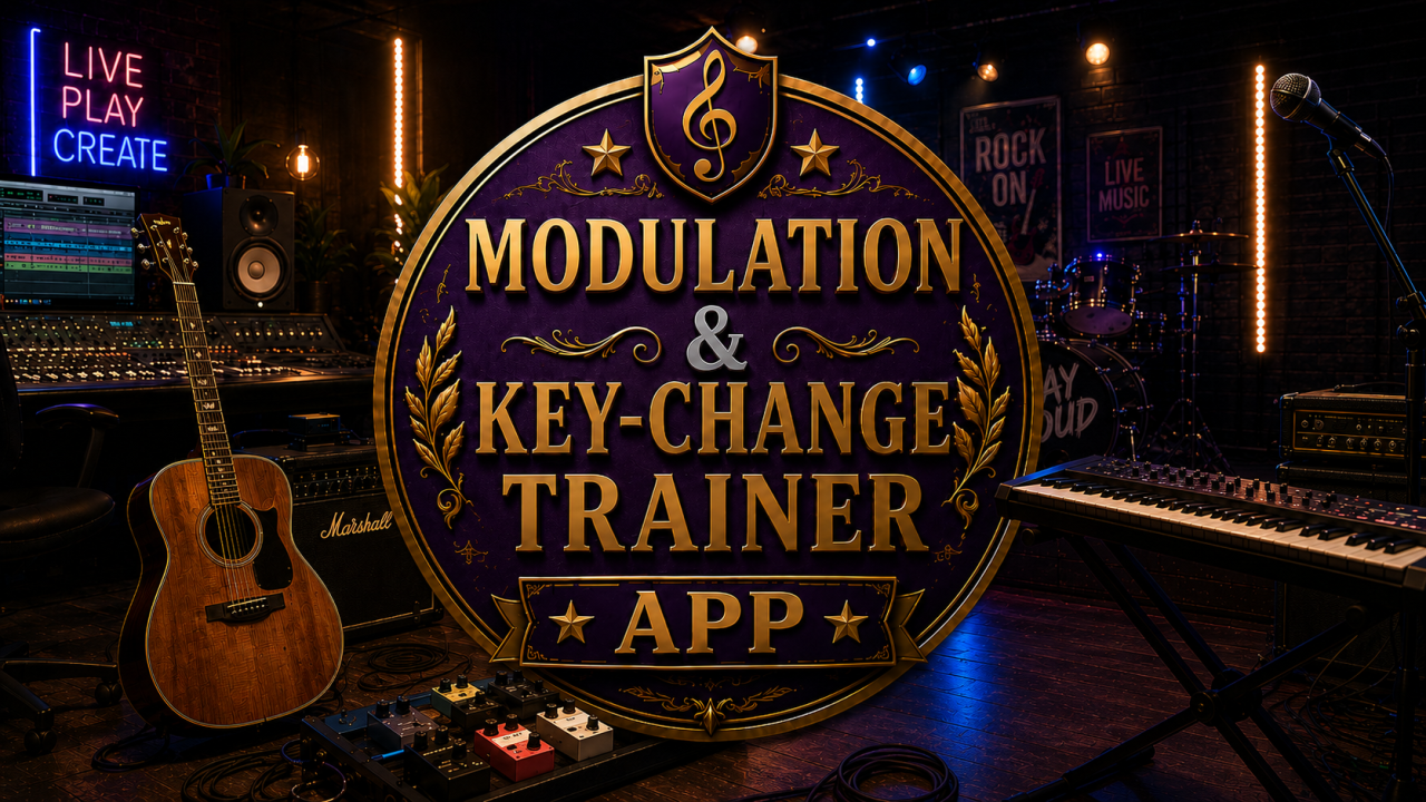 Modulation and Key-Change Trainer showing key selection, piano playback controls and an interactive modulation listening exercise.
