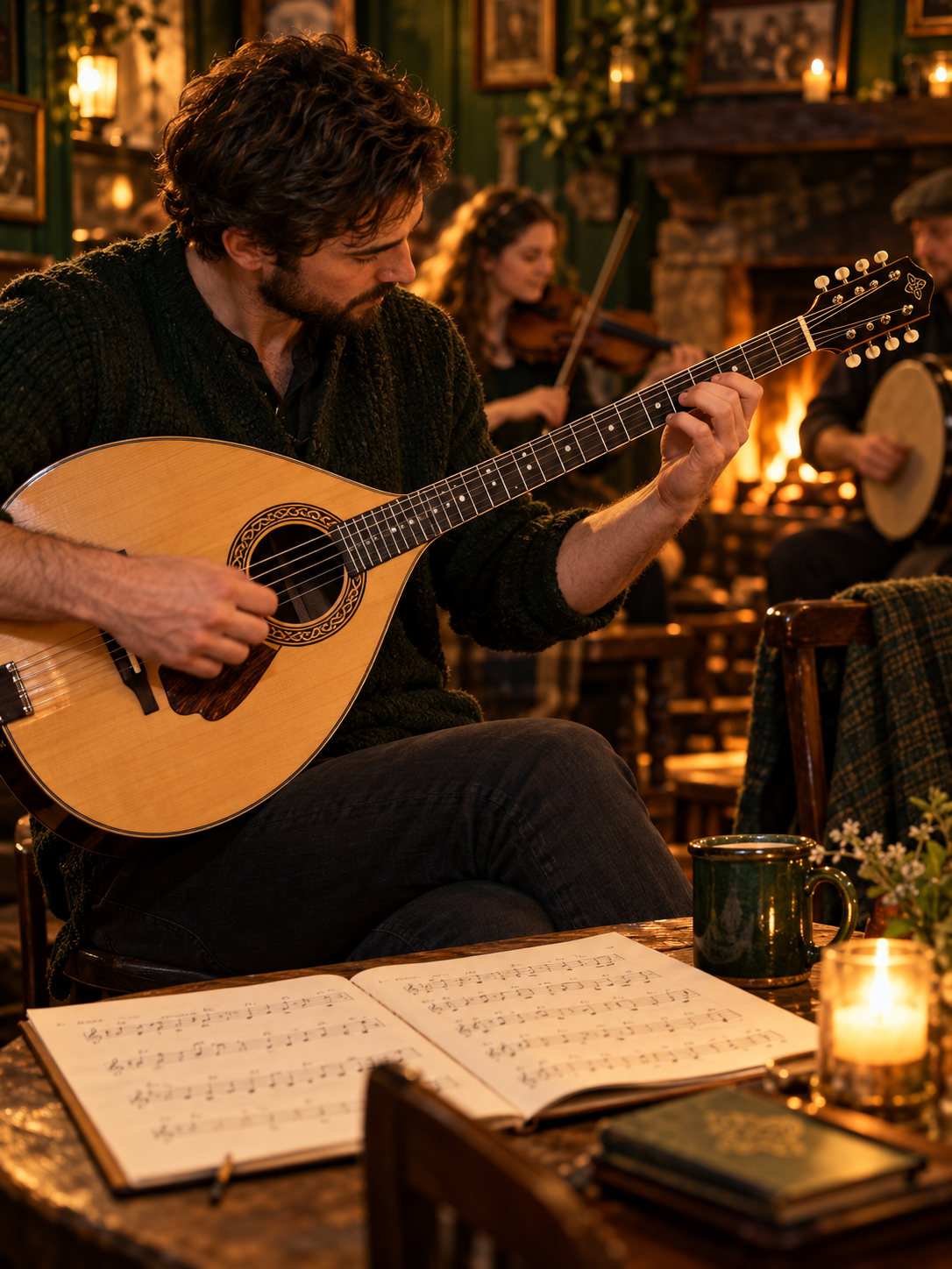 Irish bouzouki player practising chords and accompaniment in a warm traditional Irish music session, with sheet music and other musicians in the background.