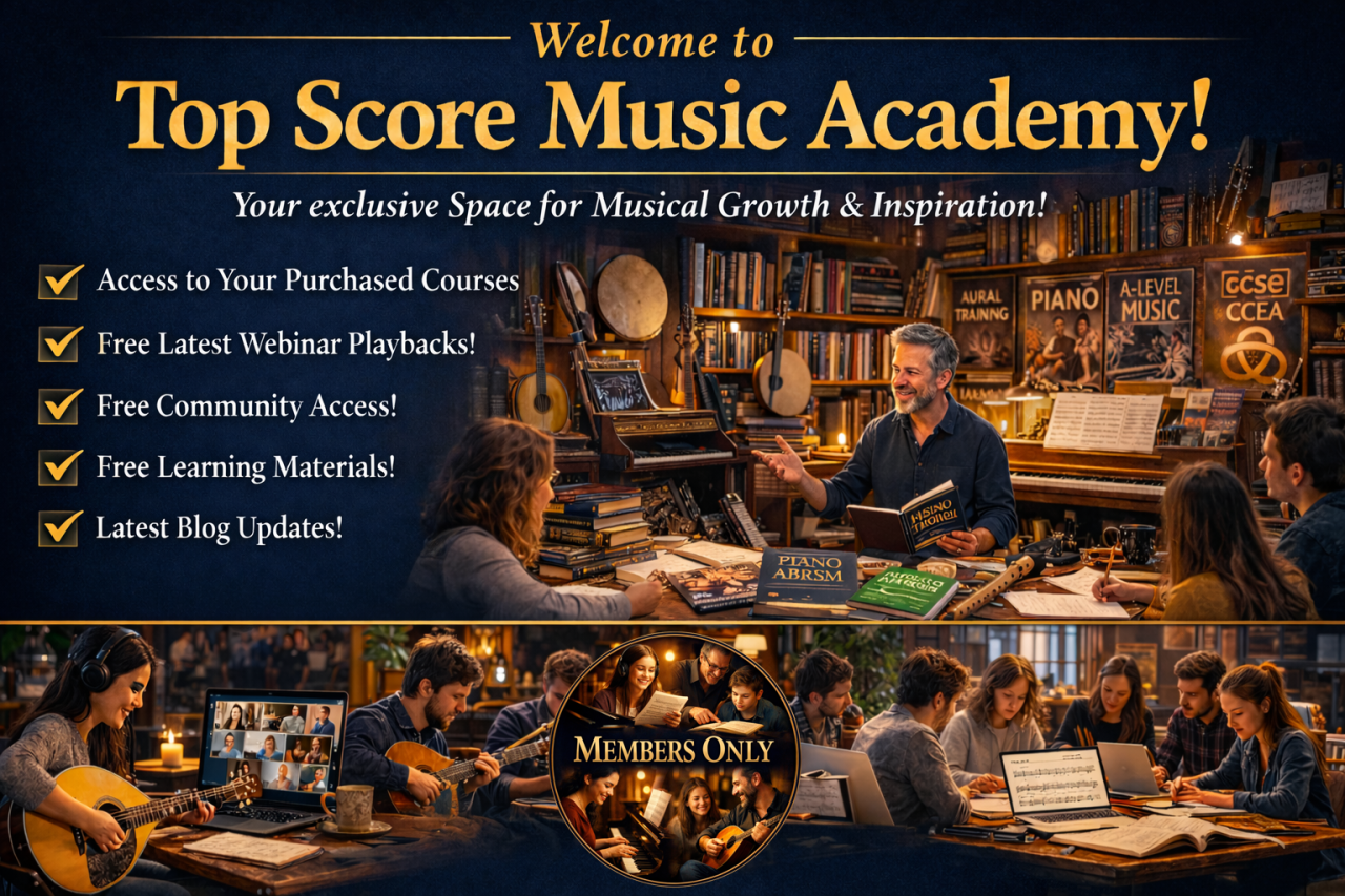 Online music academy with piano and Irish bouzouki, GCSE and A-Level, theory and aural lessons, music theory books, and students learning together in a community setting