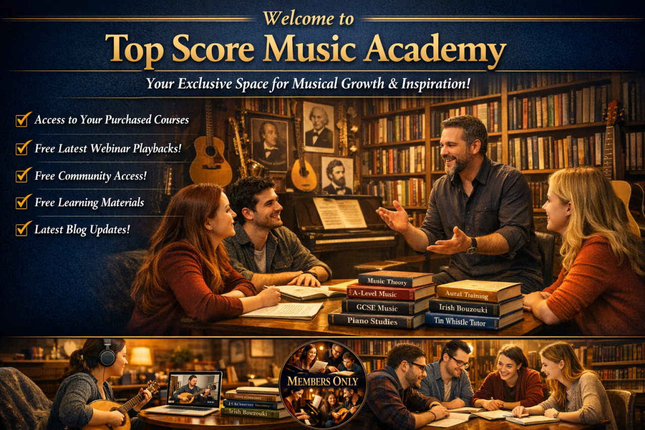 Online music academy with piano and Irish bouzouki, GCSE and A-Level, theory and aural lessons, music theory books, and students learning together in a community setting