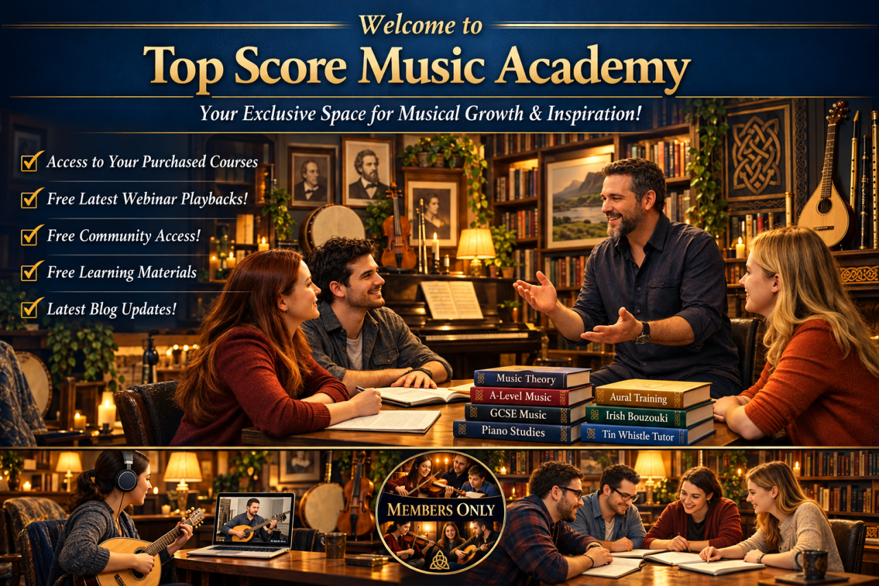 Online music academy with piano and Irish bouzouki, GCSE and A-Level, theory and aural lessons, music theory books, and students learning together in a community setting