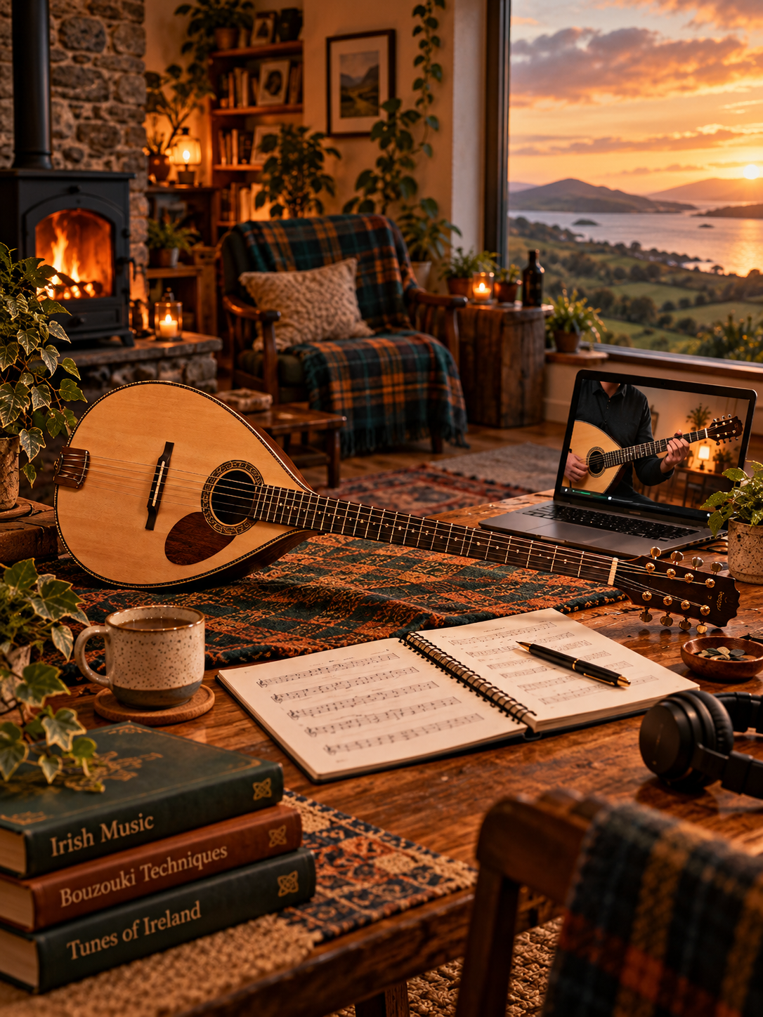 Irish Bouzouki Course – What’s Included at Top Score Music Academy Illustrated vertical banner for Top Score Music Academy showing Irish bouzouki learning content, including chords, rhythm, tunes, accompaniment and structured online course materials.