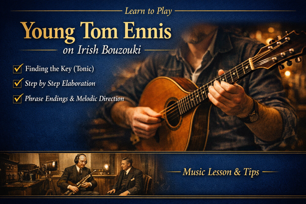 Young Tom Ennis on Irish bouzouki lesson thumbnail featuring bouzouki accompaniment techniques and a vintage Irish recording studio scene