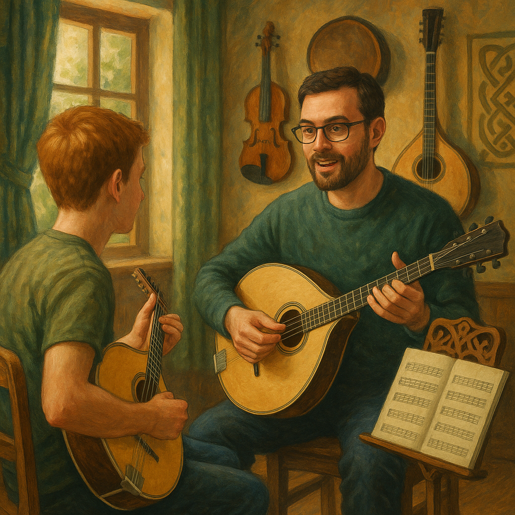 Irish bouzouki teacher giving one-on-one lesson to student – online bouzouki course for beginners and advanced players