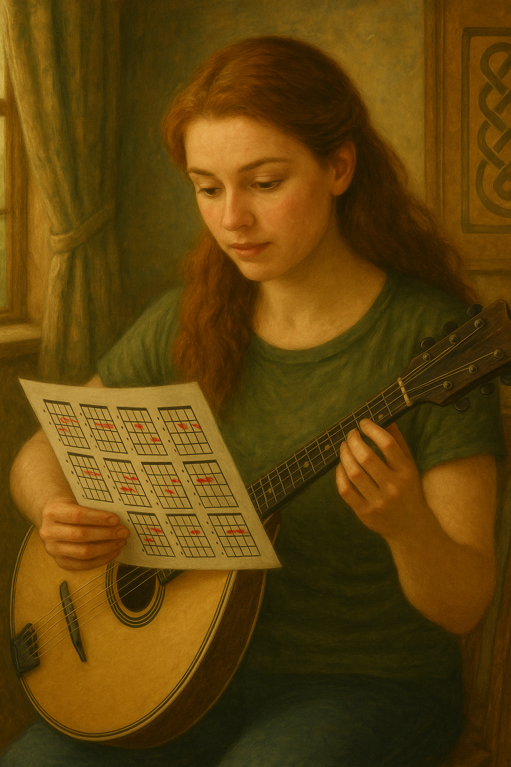 Beginner bouzouki student reading chord diagrams – learn Irish bouzouki chords and accompaniment online.