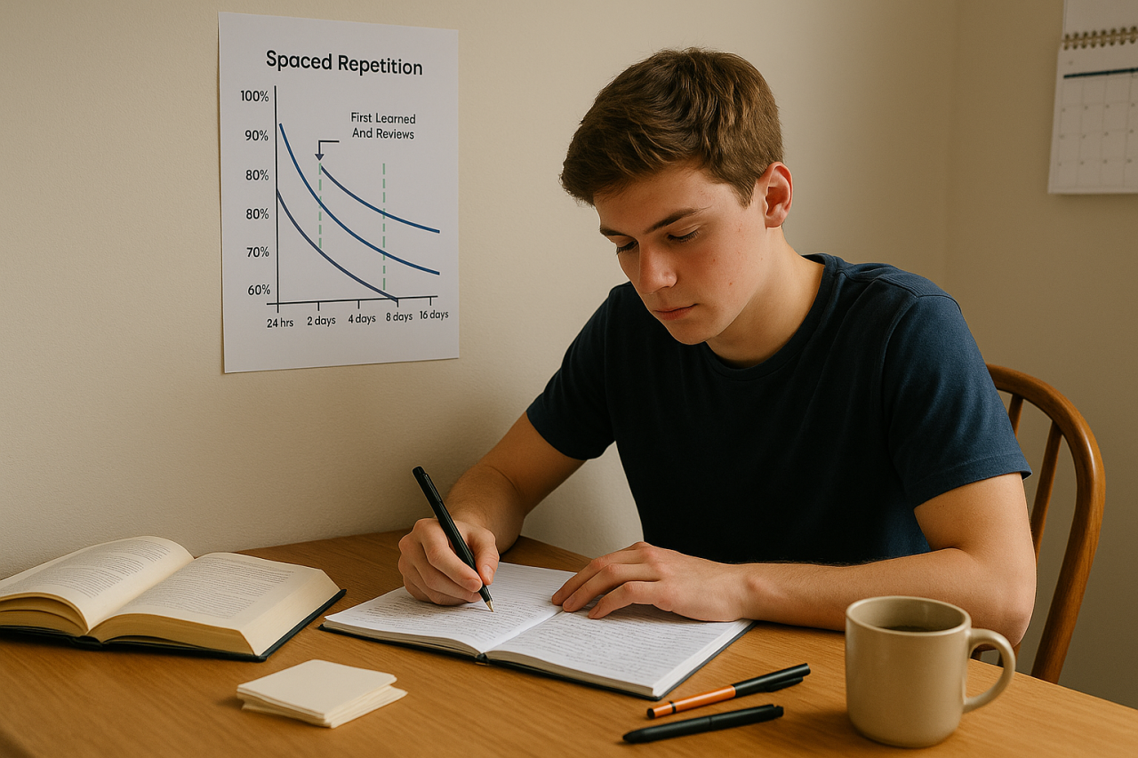 Student studying at a desk with a spaced repetition chart on the wall showing memory retention curves