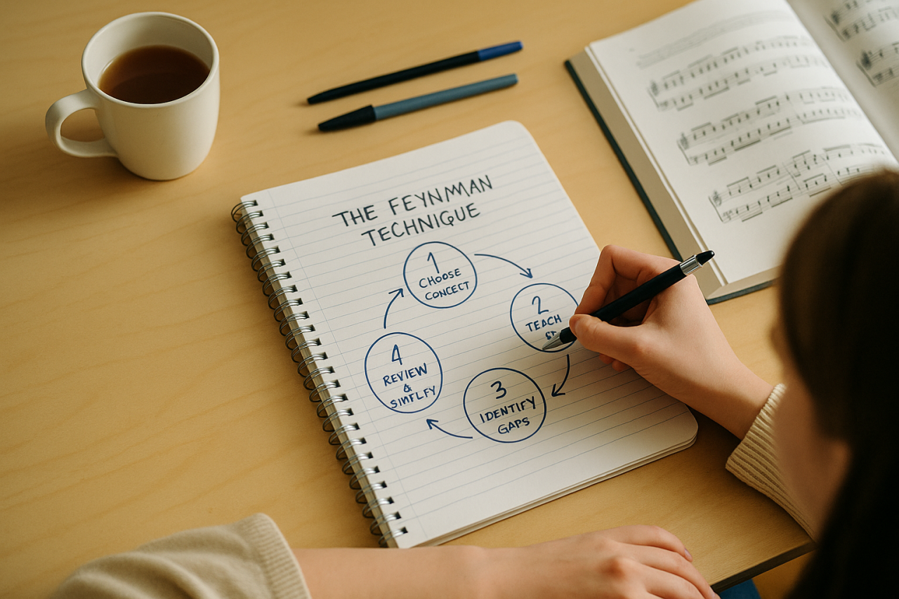 Notebook with a hand-drawn Feynman Technique diagram showing steps to learn by teaching, surrounded by study materials on a desk