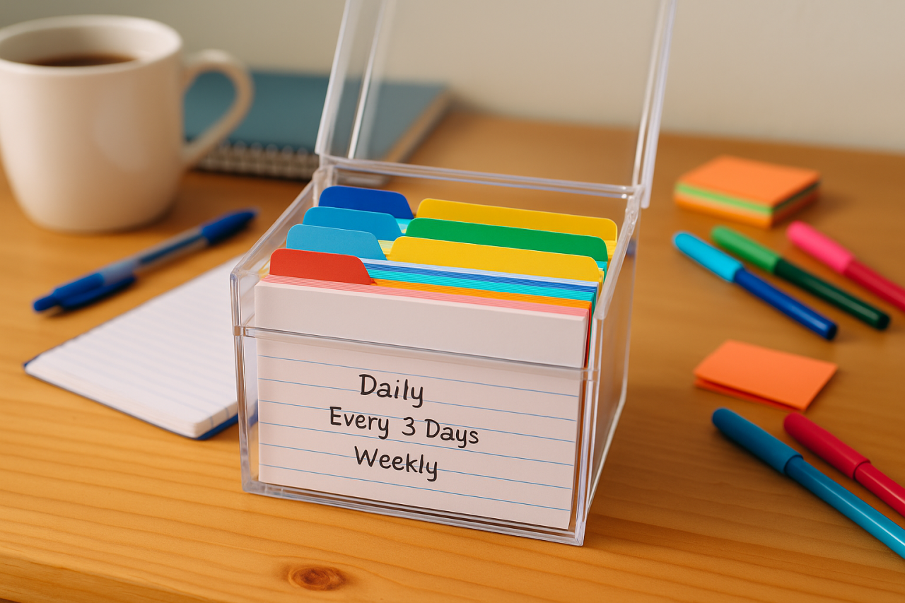 Colourful Leitner Box system with index cards and dividers on a wooden desk surrounded by study materials