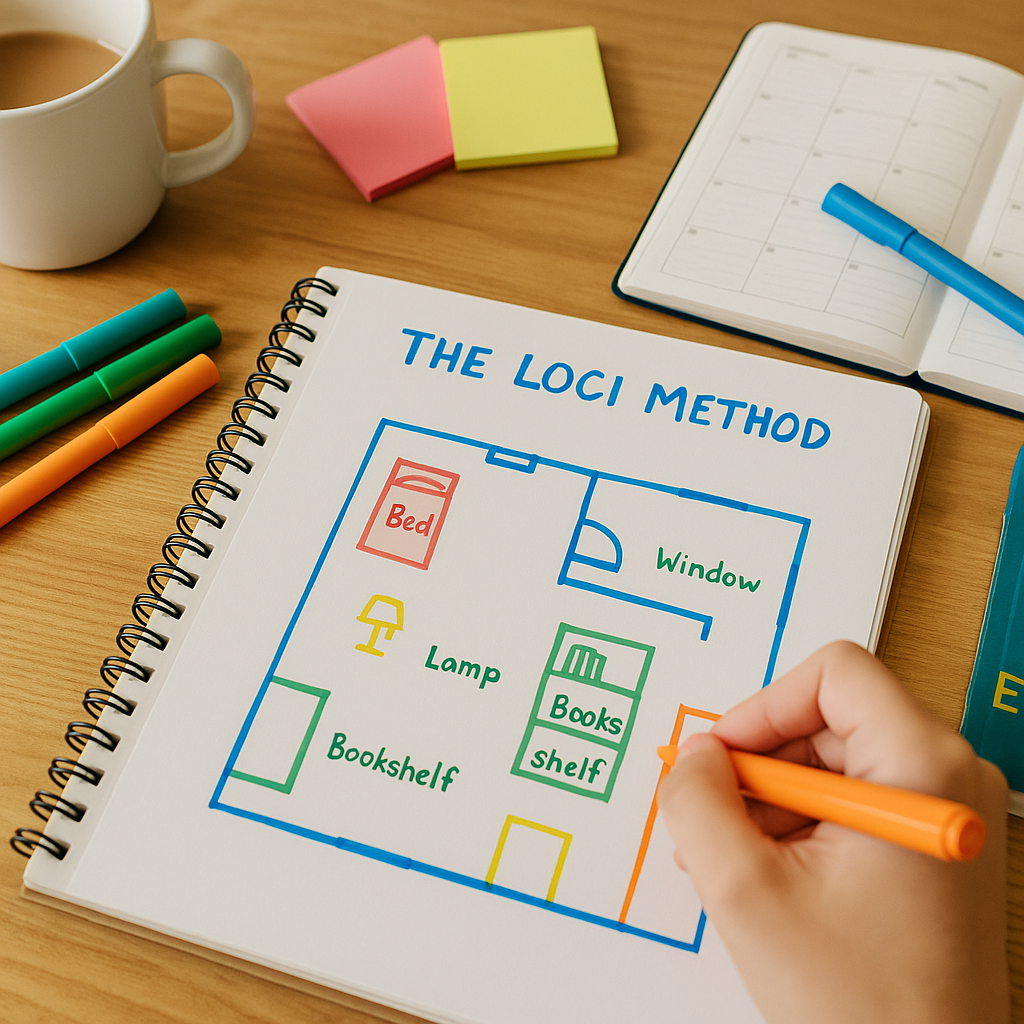 Notebook with a colourful hand-drawn room layout illustrating the LOCI Method for memory recall on a wooden desk
