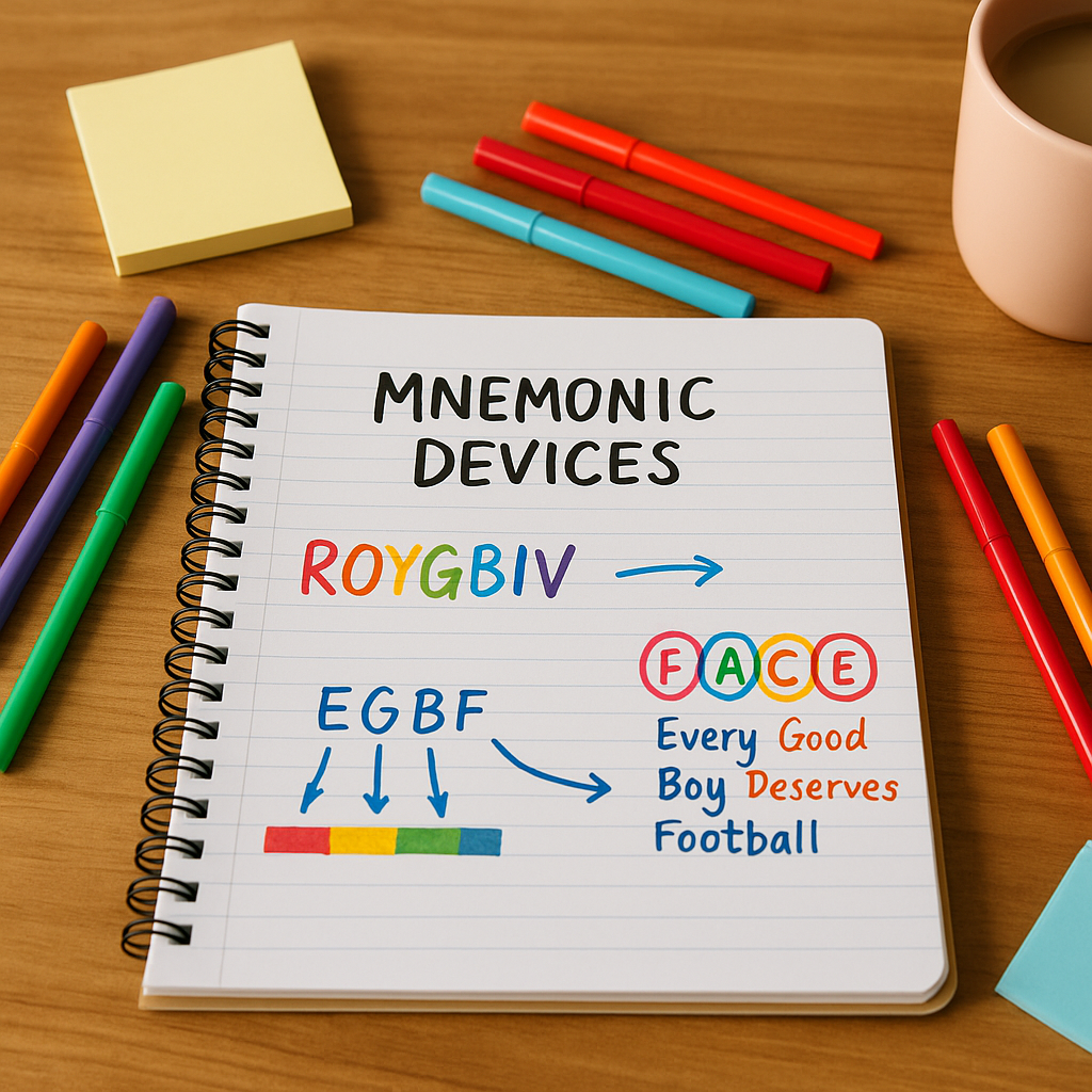 Notebook page with colourful handwritten mnemonic examples like ROYGBIV and FACE surrounded by pens and study materials on a wooden desk