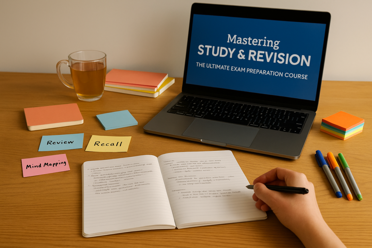 Wooden study desk with laptop showing Mastering Study & Revision course title, open notebook, flashcards, and colourful pens