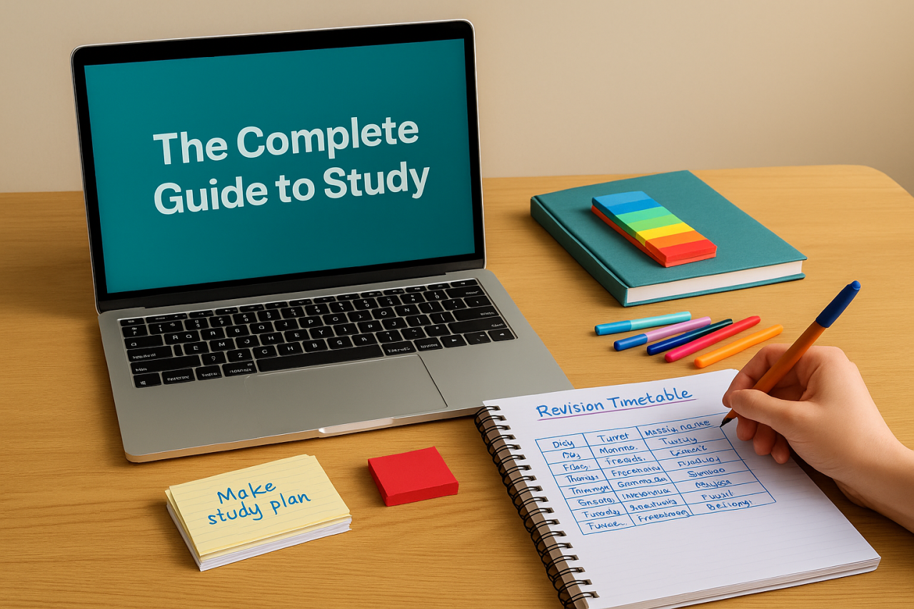 Laptop displaying The Complete Guide to Study on screen beside a notebook, colourful pens, and flashcards on a wooden desk