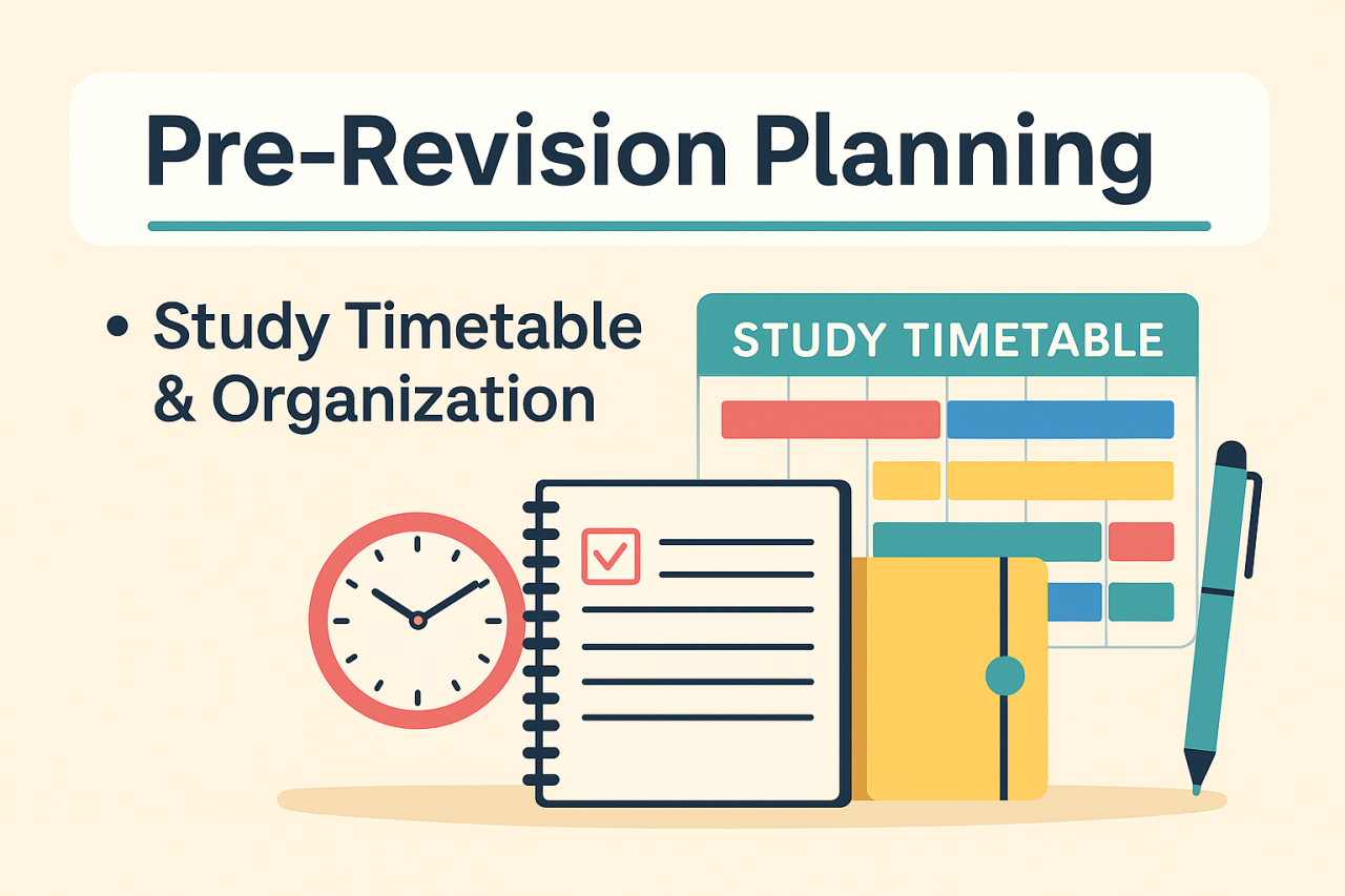 Illustration of a study timetable, notebook, and clock representing pre-revision planning and organization