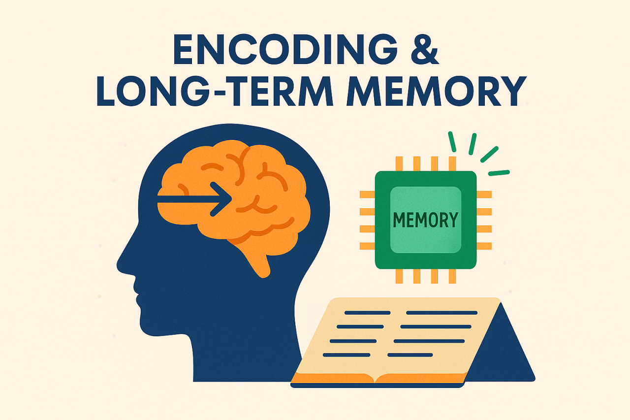 Illustration of a human head with brain and arrow showing encoding and memory process with a chip labeled memory