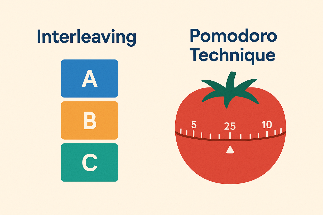 Illustration showing interleaving study blocks and a Pomodoro timer for focused learning sessions