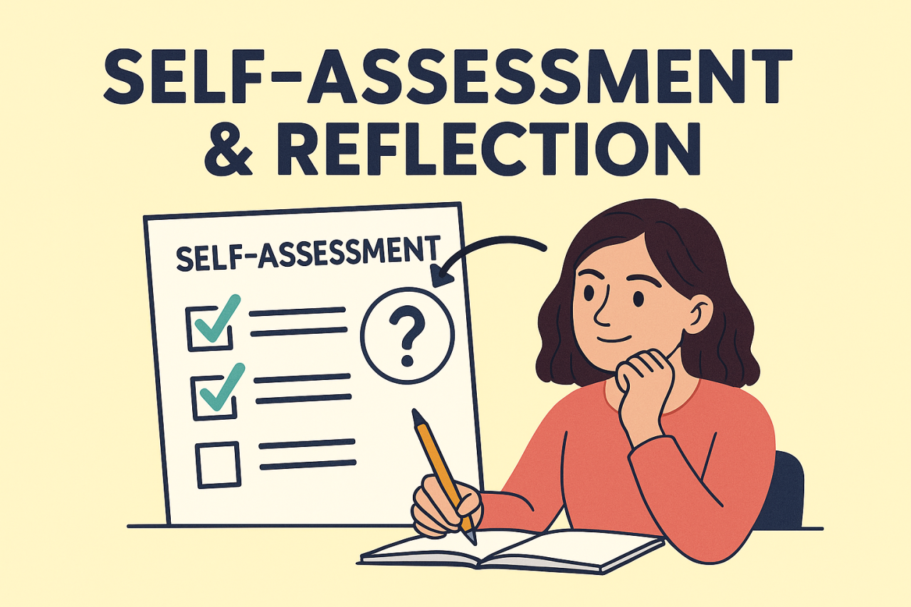 Illustration of a student reviewing a self-assessment checklist to reflect on learning progress