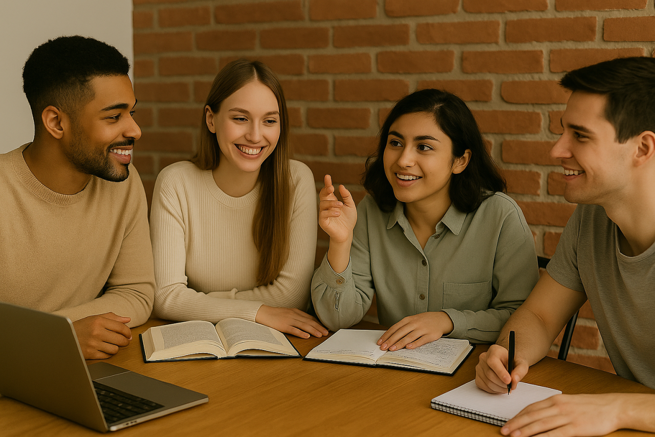 Group of students studying together at a wooden desk with books, notebooks, and a laptop, smiling and discussing notes