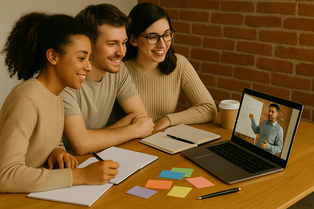 Group of students watching an online lesson on a laptop during a digital study session at a wooden desk