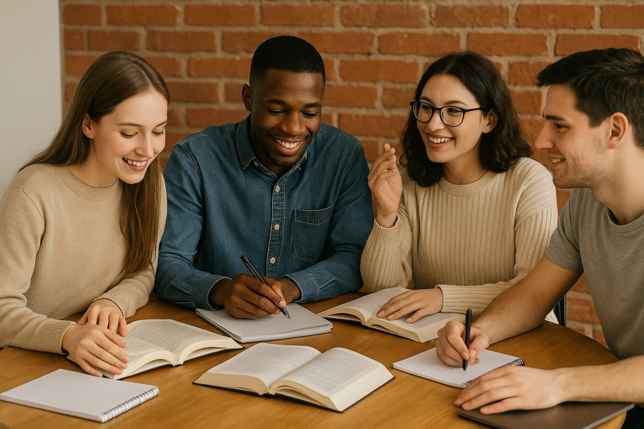 Students collaborating in a study group revising Music together with notebooks and sheet music