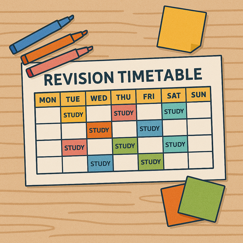 Colourful revision timetable for Music study on a wooden desk with pens and sticky notes