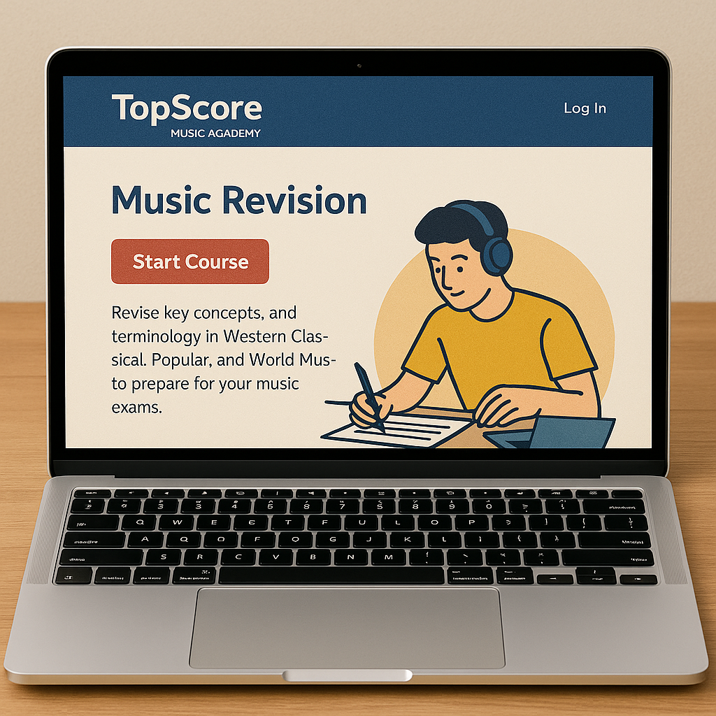 Laptop displaying TopScore Music Academy website with Music Revision course page on screen