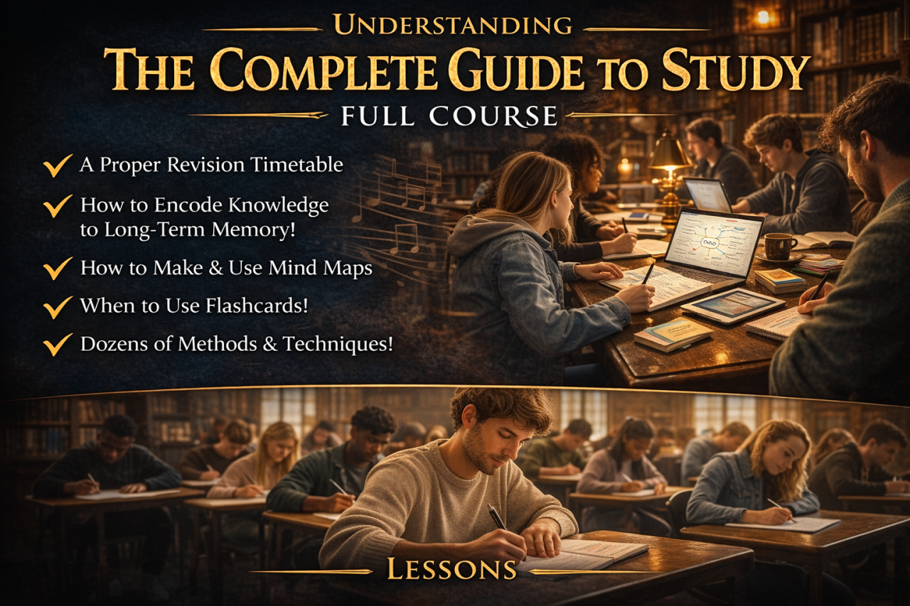 Online study skills course teaching revision timetables, mind maps, flashcards and long-term memory techniques with students studying in a university library