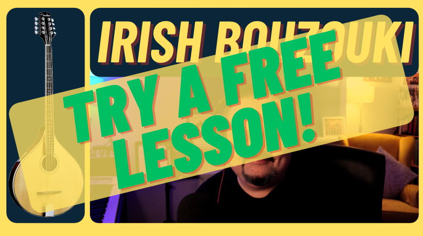 Promotional image for Irish Bouzouki Free Starter Pack by Top Score Music Academy, offering beginner lessons and learning materials